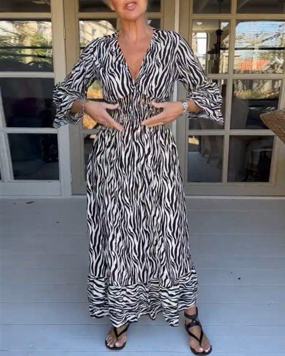 V-neck Striped Print Dress