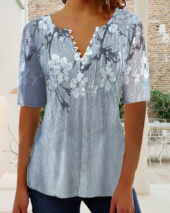 V neck button floral print short sleeve blouse