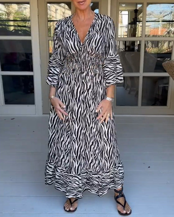 V-neck Striped Print Dress