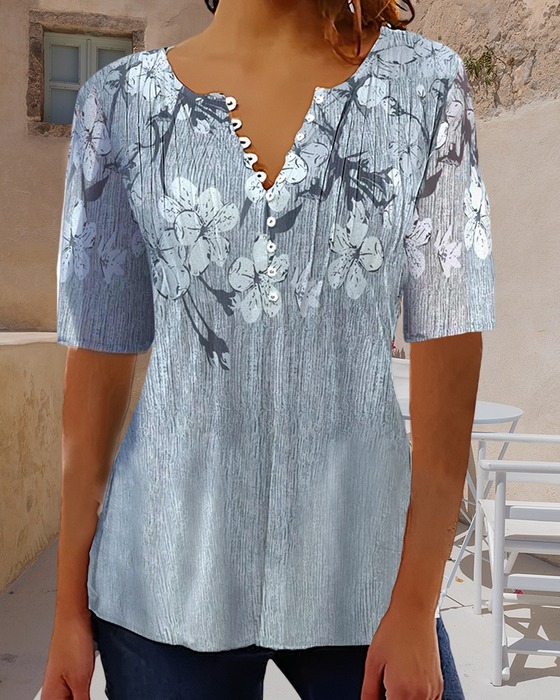 V neck button floral print short sleeve blouse