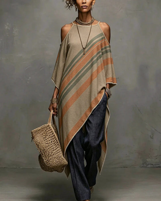 Striped Halter Off-Shoulder Asymmetrical Blouse