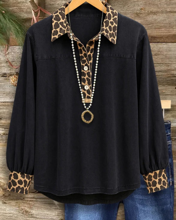 Leopard Print Lapel Patchwork Button Top