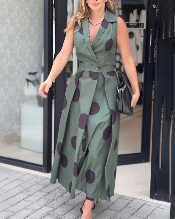 Sleeveless lapel elegant solid color dress