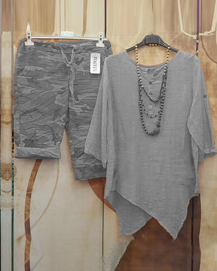 Round Neck Top and Camouflage Print Pant Set