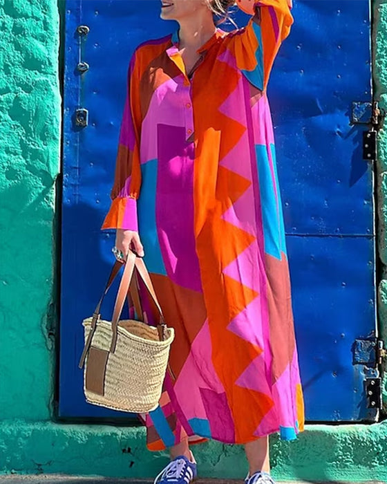 Color block panel long sleeve shirt dress