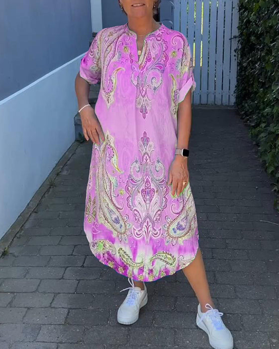 V-neck fold sleeve printed dress