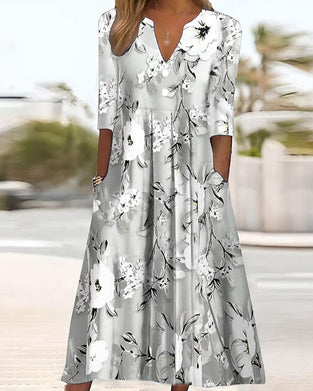 V-neck floral print pocket dress