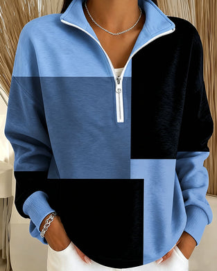 Checkered Colorblock Zip Stand-Collar Sweatshirt