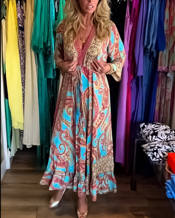 Fashion print long sleeve long dress