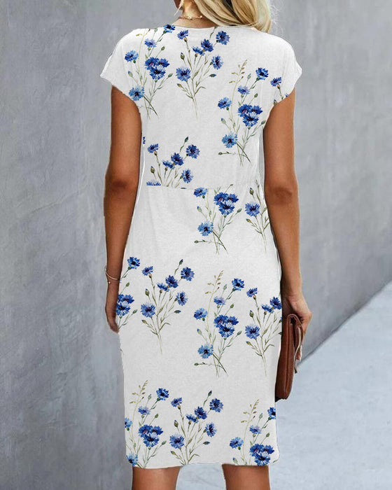 Blue Floral Print Dress with Short Sleeves