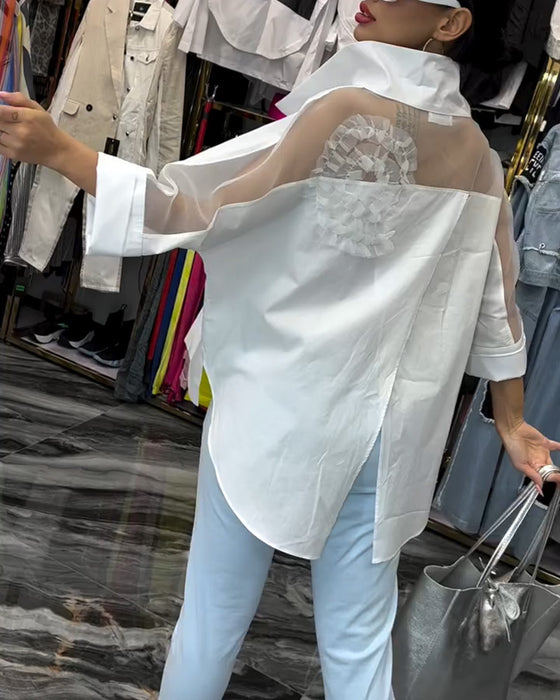 Lapel lace stitching flower blouse