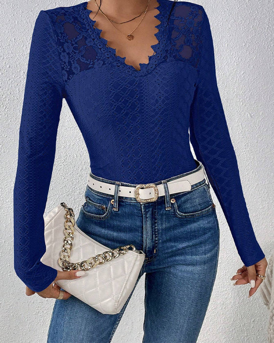 V-Neck Lace Panel Long-Sleeved Top