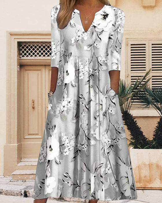 V-neck floral print pocket dress