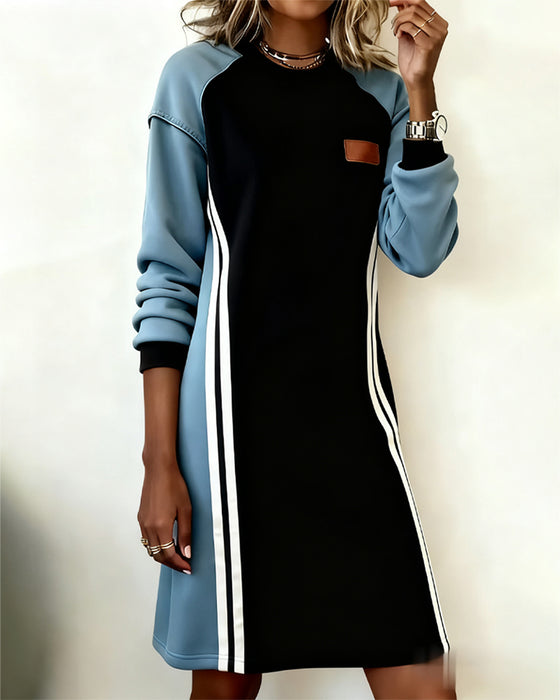 Long-Sleeved Color Block Round Neck Straight Dress