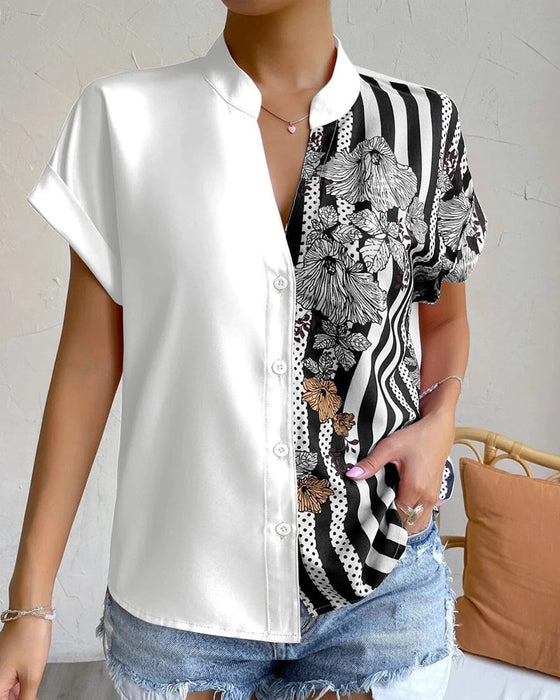 Paneled floral print button short sleeve blouse