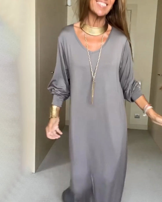 Casual solid color v-neck dress