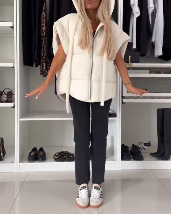 Hooded solid color zipper short sleeve padded jackets