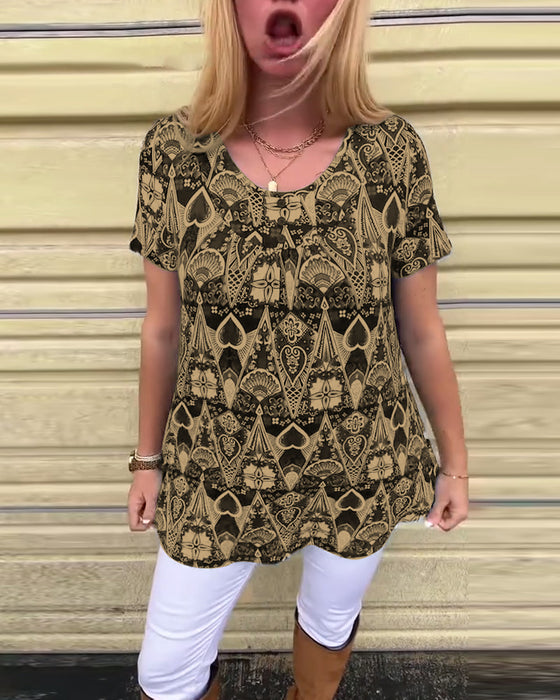 Casual Retro Crew Neck Printed T-Shirt