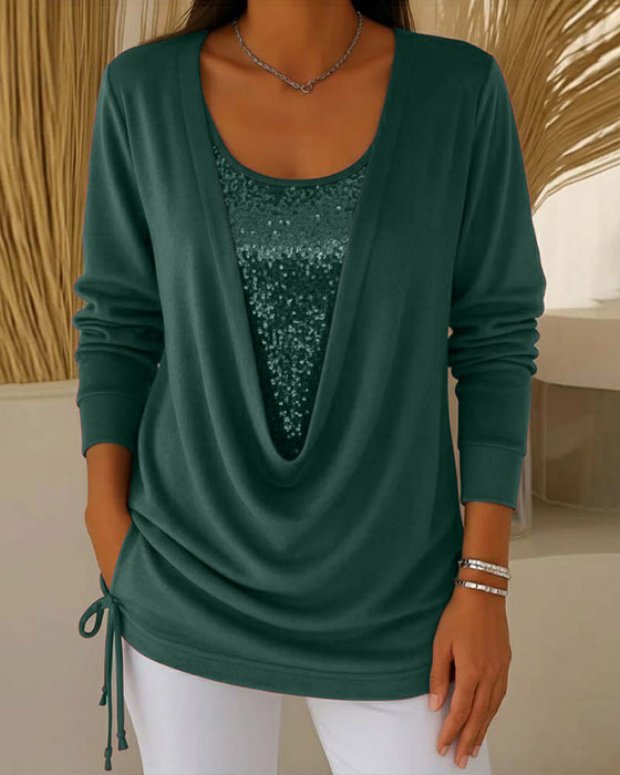 Sequin Contrast Color Faux Two-Piece Top