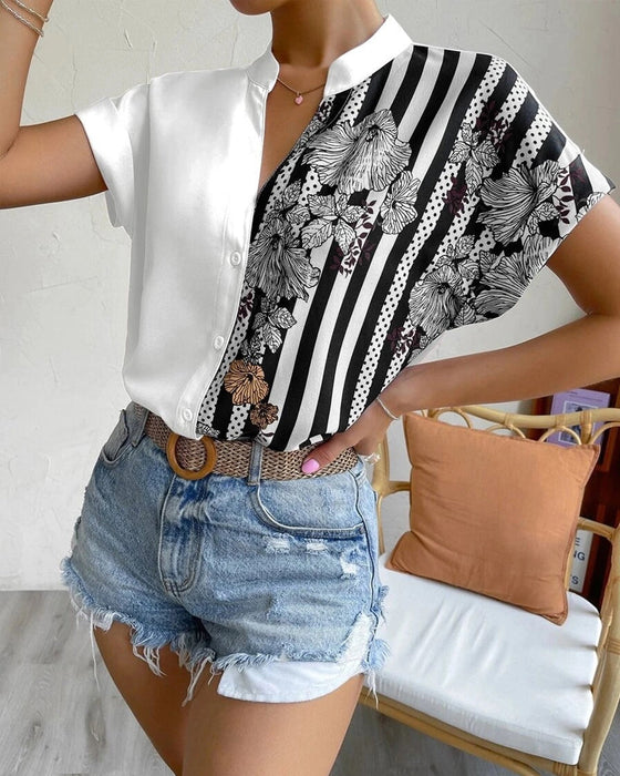 Paneled floral print button short sleeve blouse