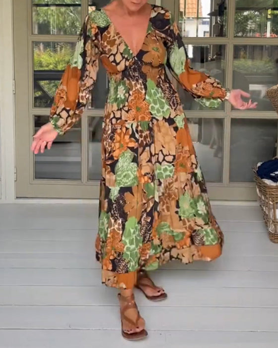 V neck long sleeve print dress