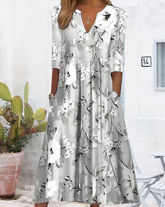 V-neck floral print pocket dress