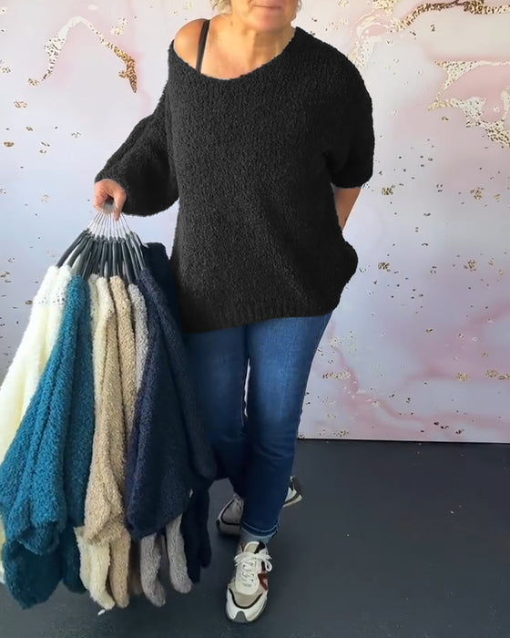 V-neck solid color casual pullover sweater