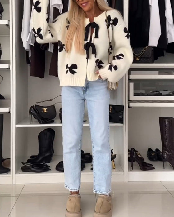 Bow beaded lace-up cardigan