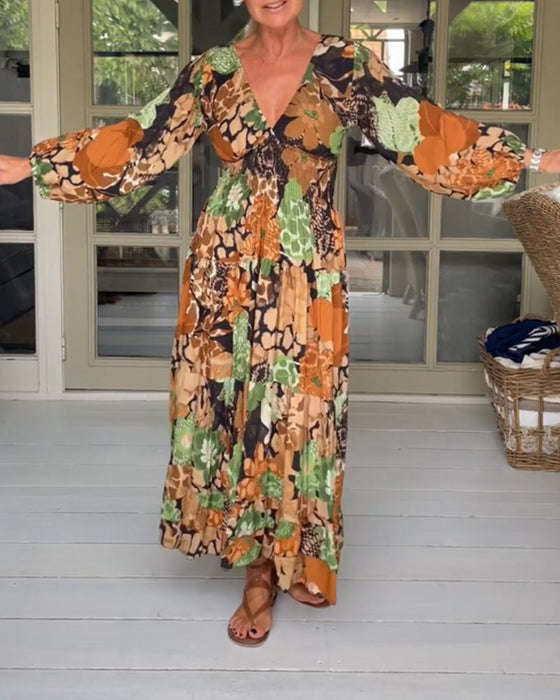 V neck long sleeve print dress