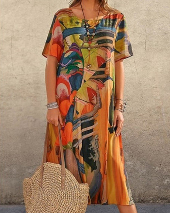 Round Neck Shift Dress in Geometric Print