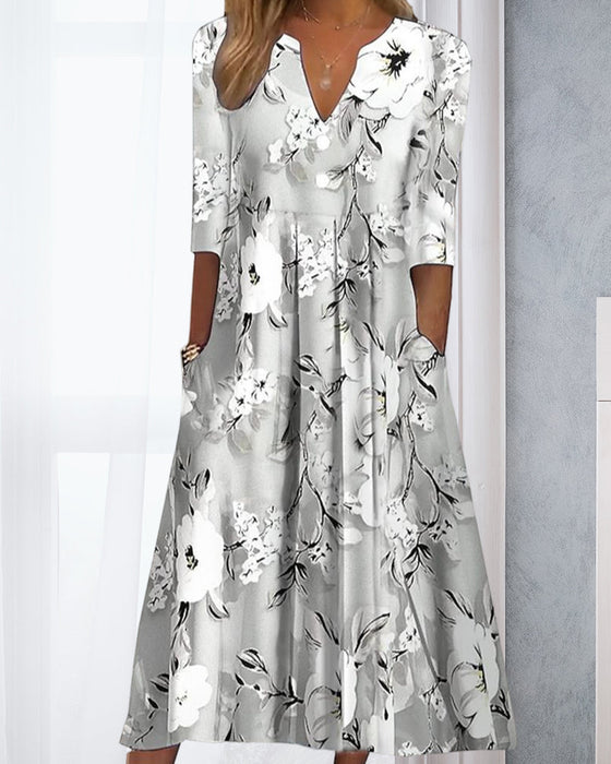 V-neck floral print pocket dress