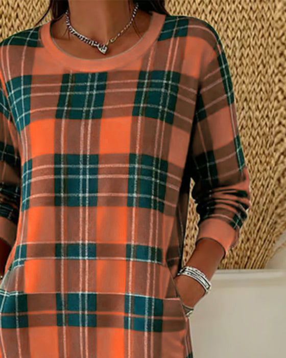 Long-Sleeved Plaid Sweatshirt Dress
