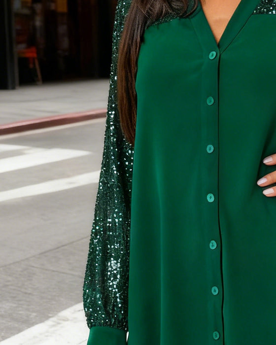 Sequin Patchwork V-Neck Button-Down Shirt