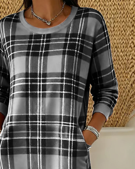 Long-Sleeved Plaid Sweatshirt Dress