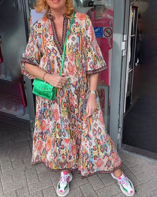 V-neck printed elegant long dress