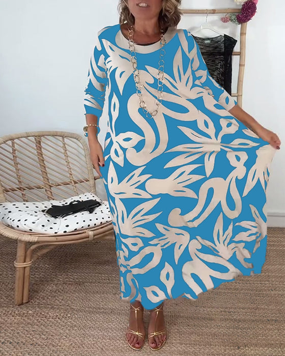 Round Neck Long Sleeve Printed Dress