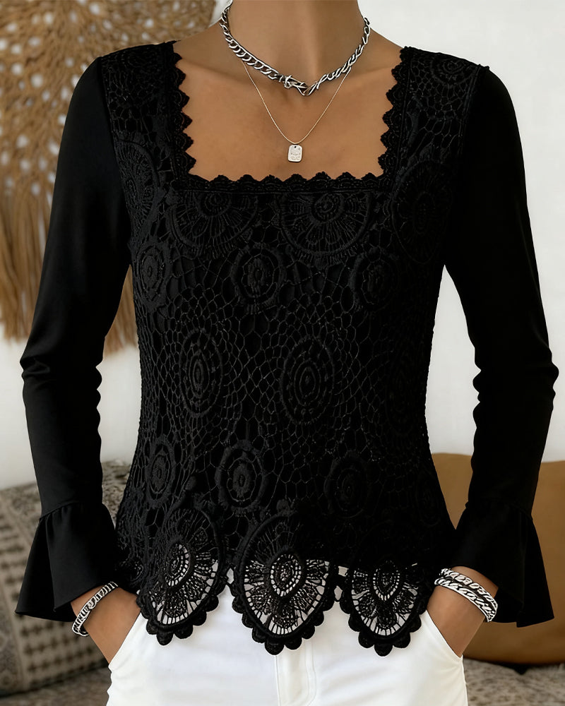 Crocheted Wide-Neck Patchwork Blouse