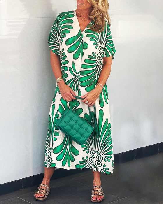 Leaf print v-neck dress