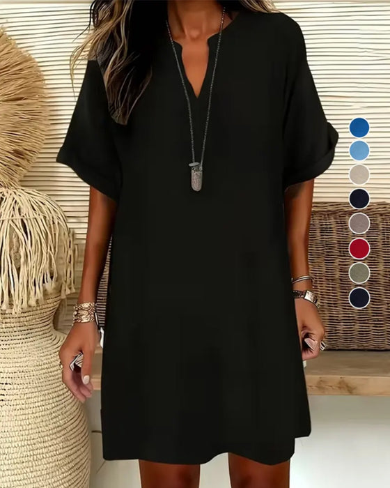 V-Neck Short Sleeve Solid Sheath Dress