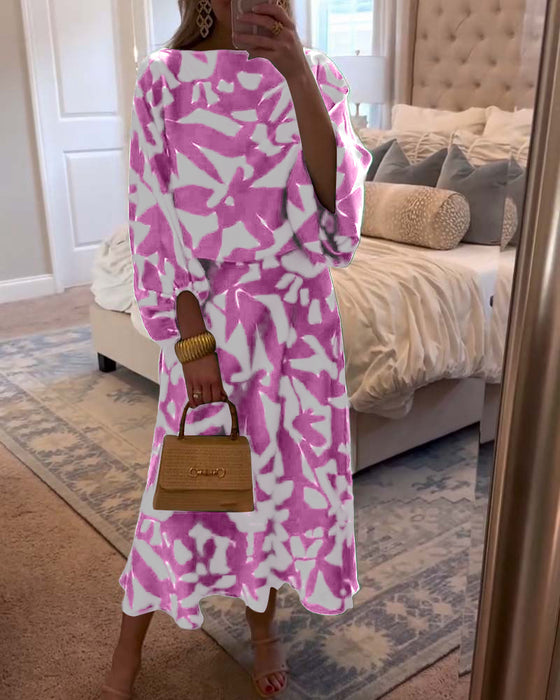 Temperament Printed Lantern Sleeves Casual Dress Set