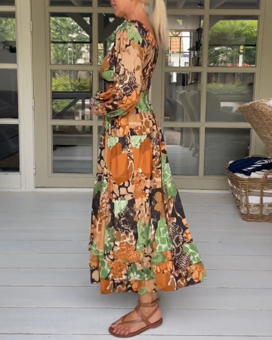 V neck long sleeve print dress