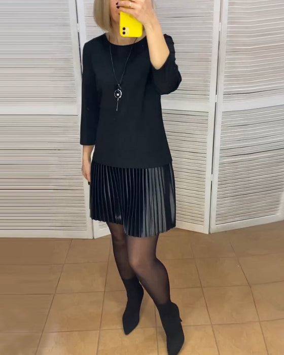 Pleated patchwork solid color dress