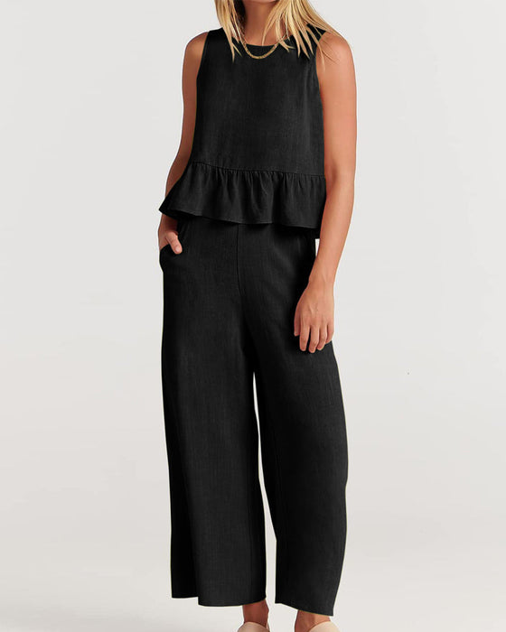 Ruffled sleeveless solid color two-piece suit