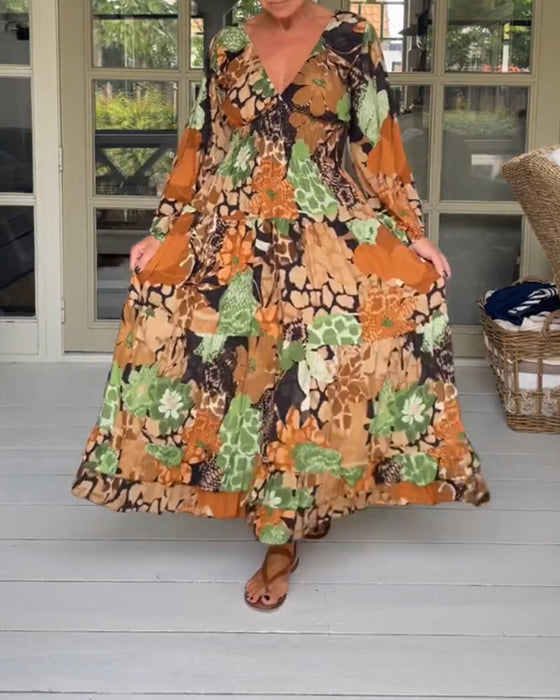 V neck long sleeve print dress