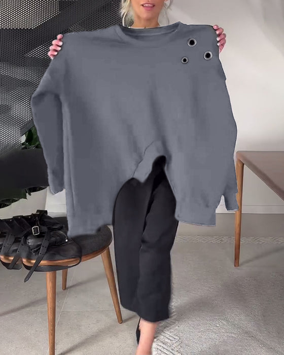 Solid color casual round neck slit sweatshirt