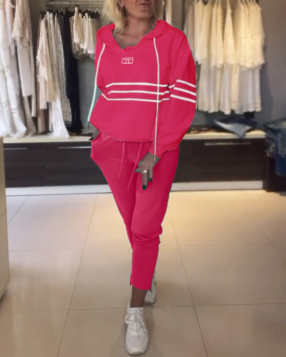 Casual striped print hooded sweatshirt set