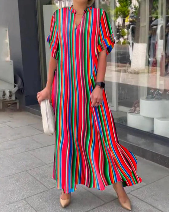 Colorful V-neck Dress in Stripe Print