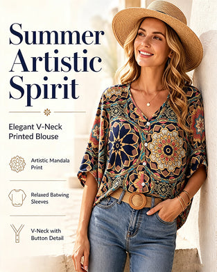 Retro printed V-neck button half sleeve blouse