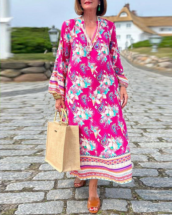 V neck long sleeve loose dress