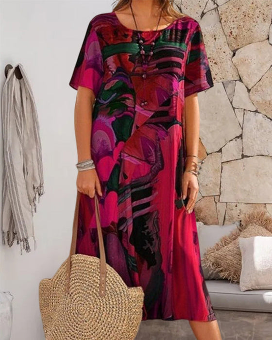 Round Neck Shift Dress in Geometric Print